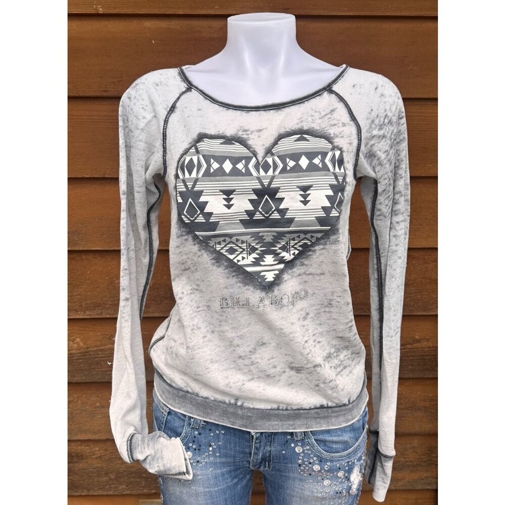 Billabong Grey Stone Wash Tribal Heart Shirt Size S